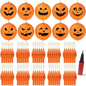 200 Pcs Halloween Punch Balloons Thickened Punching Balloon Heavy Duty Party Favors with Rubber Band Handle and Air Pump for Birthday Halloween Goodie Bag Stuffer Supply, Pumpkin Design
