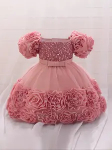 Girl's Contrast Mesh Appliques Sequin Decor Fit and Flare Satin Tutu Dress, Elegant Puff Sleeve Zipper Back Party Dress for Performance Wedding Guest, Kids Clothes for All Seasons 5-8Y