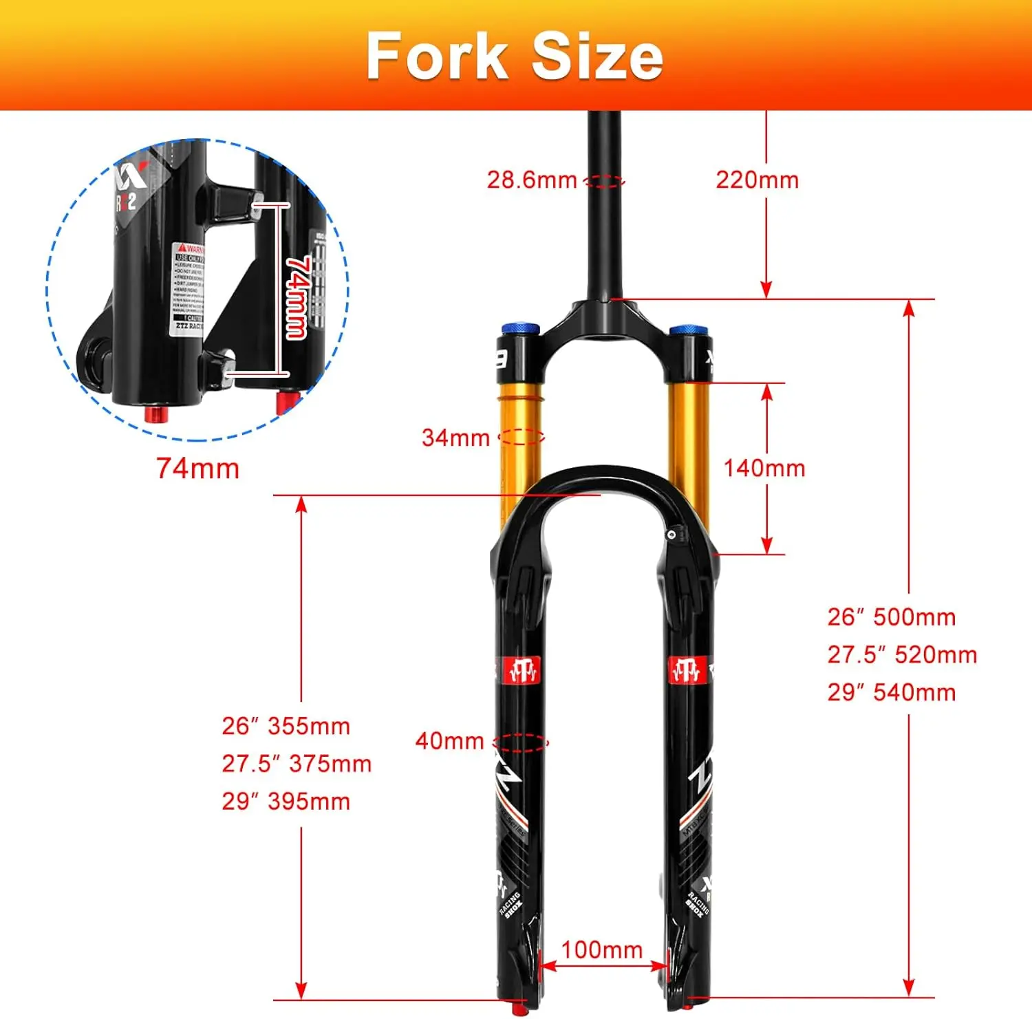 ZTZ 26/27.5/29 inch MTB Air Suspension Fork, Upgraded 34mm