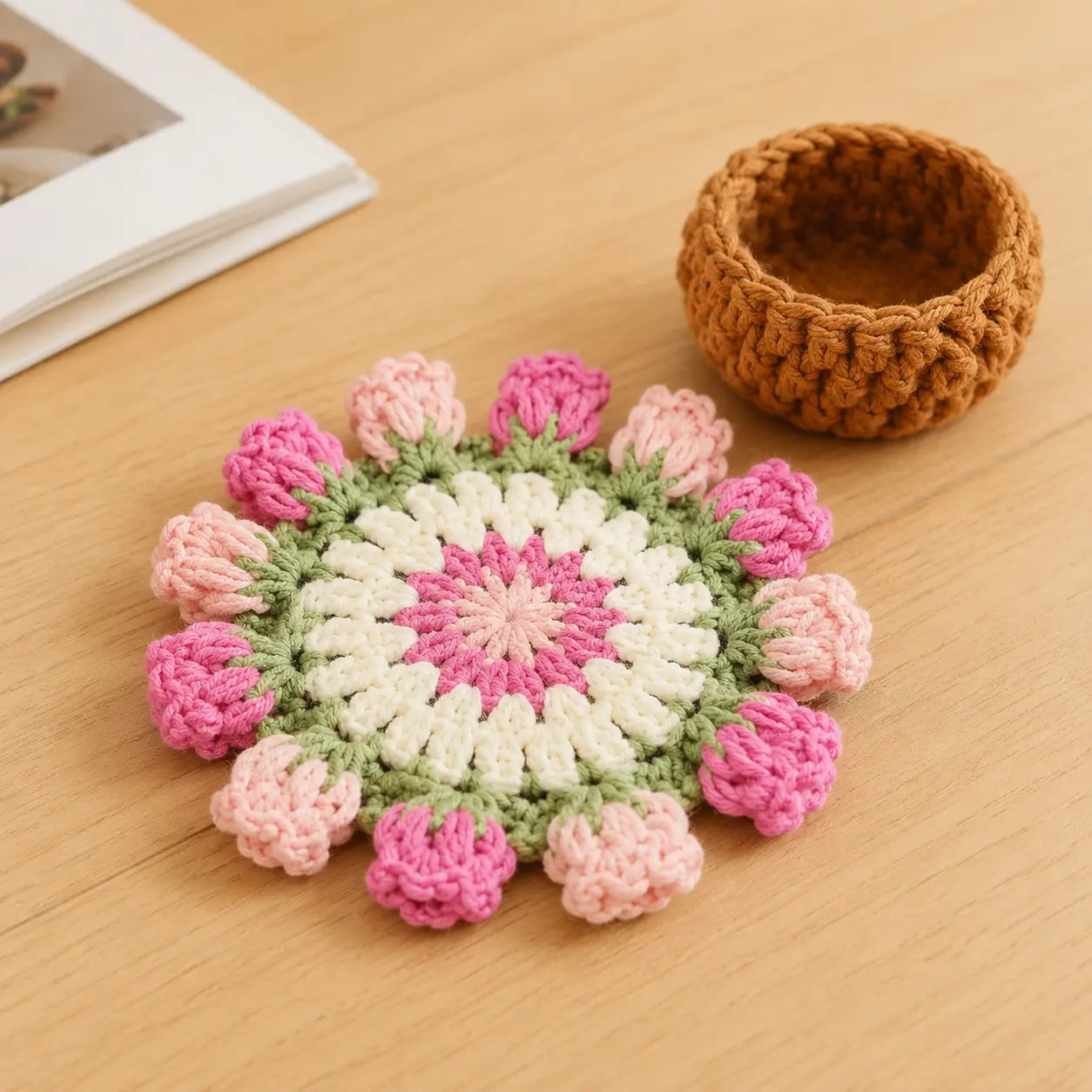 Flower Crochet Coasters, Handmade Crochet Flower Bouquet Coaster, Yarn Knitted Flower Cup Transform Bouquet, Fun Soft Decorative Drink Coasters for  Home Decor