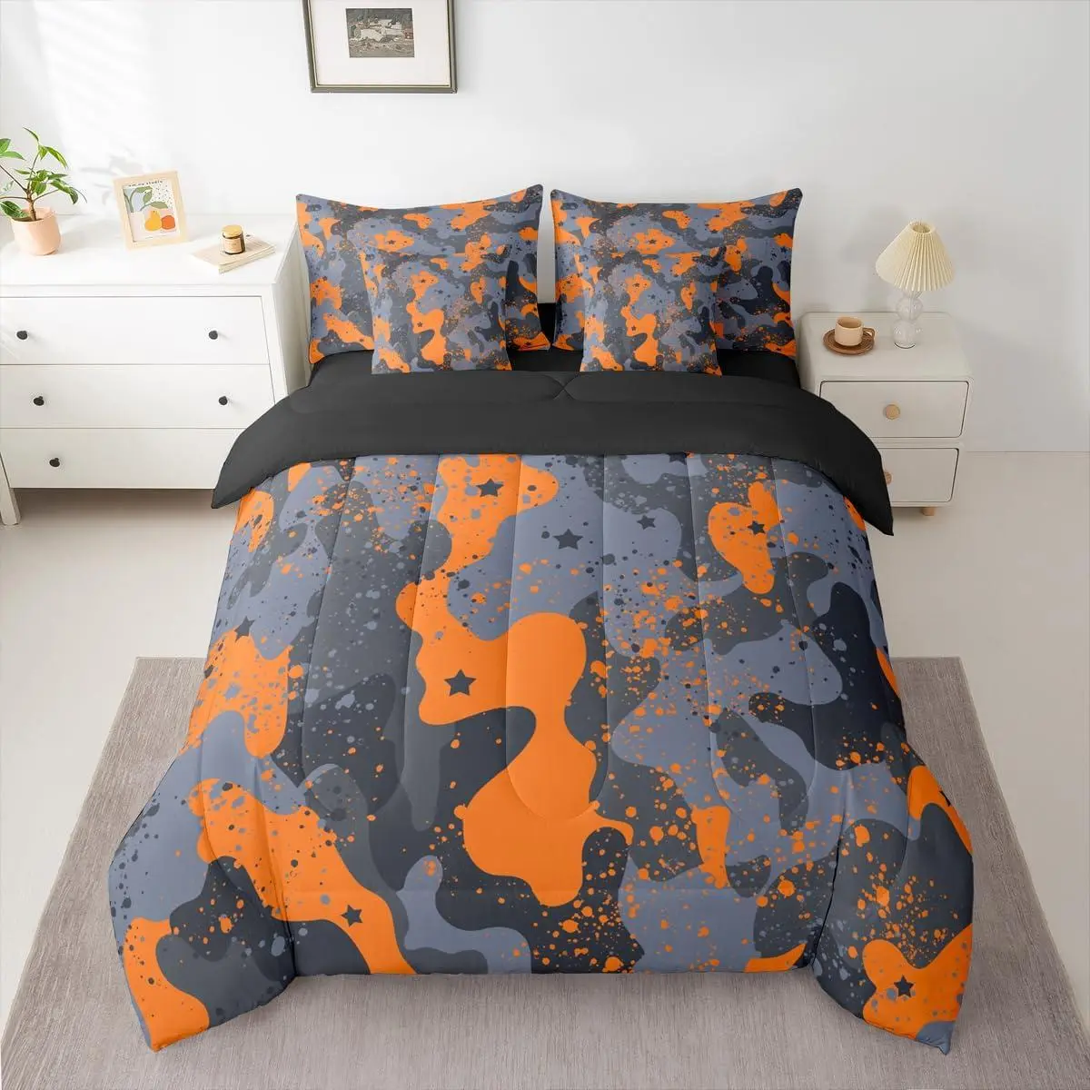 Camo Comforter Set with Sheets 7 Piece Army Camouflage Bedding Set Colorful Pattern Style Bed in a Bag Orange Gray Room Decor for Kids Boys GirlsLightweight Microfiber