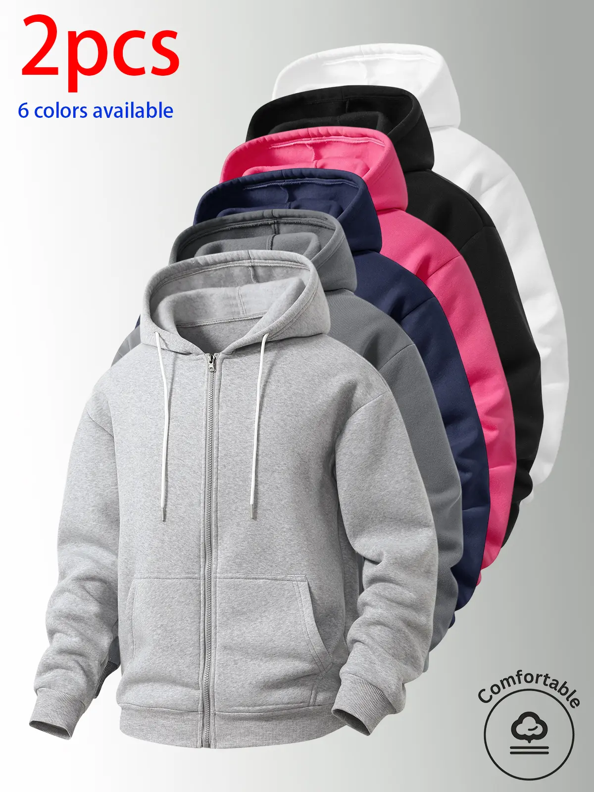 2-pack: men’s hooded cardigan sweatshirt, men’s sweatshirt. Soft, skin-friendly fabric with drawstring pockets, a loose fit that suits all body types, and a casual hooded long-sleeve jacket. Available in multiple colors; solid colors are versatile and sui