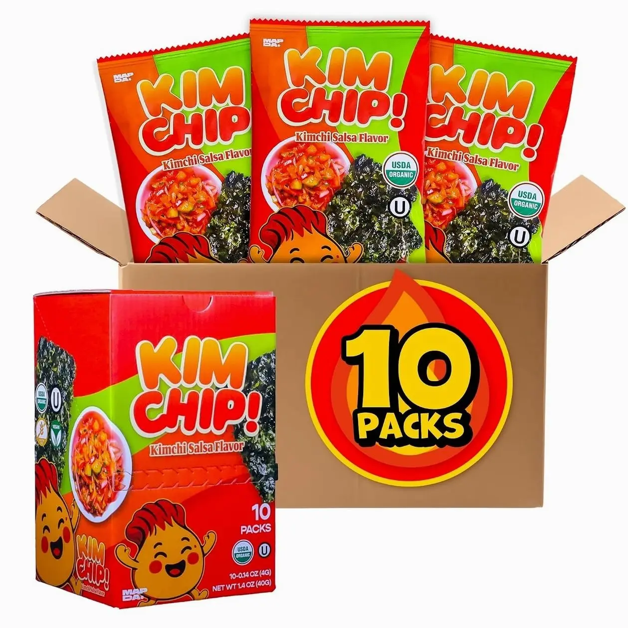 KIMCHIP (10-Pack) Spicy Kimchi Salsa Seaweed Snack – organic, vegan, gluten-free, low-calorie nori chips