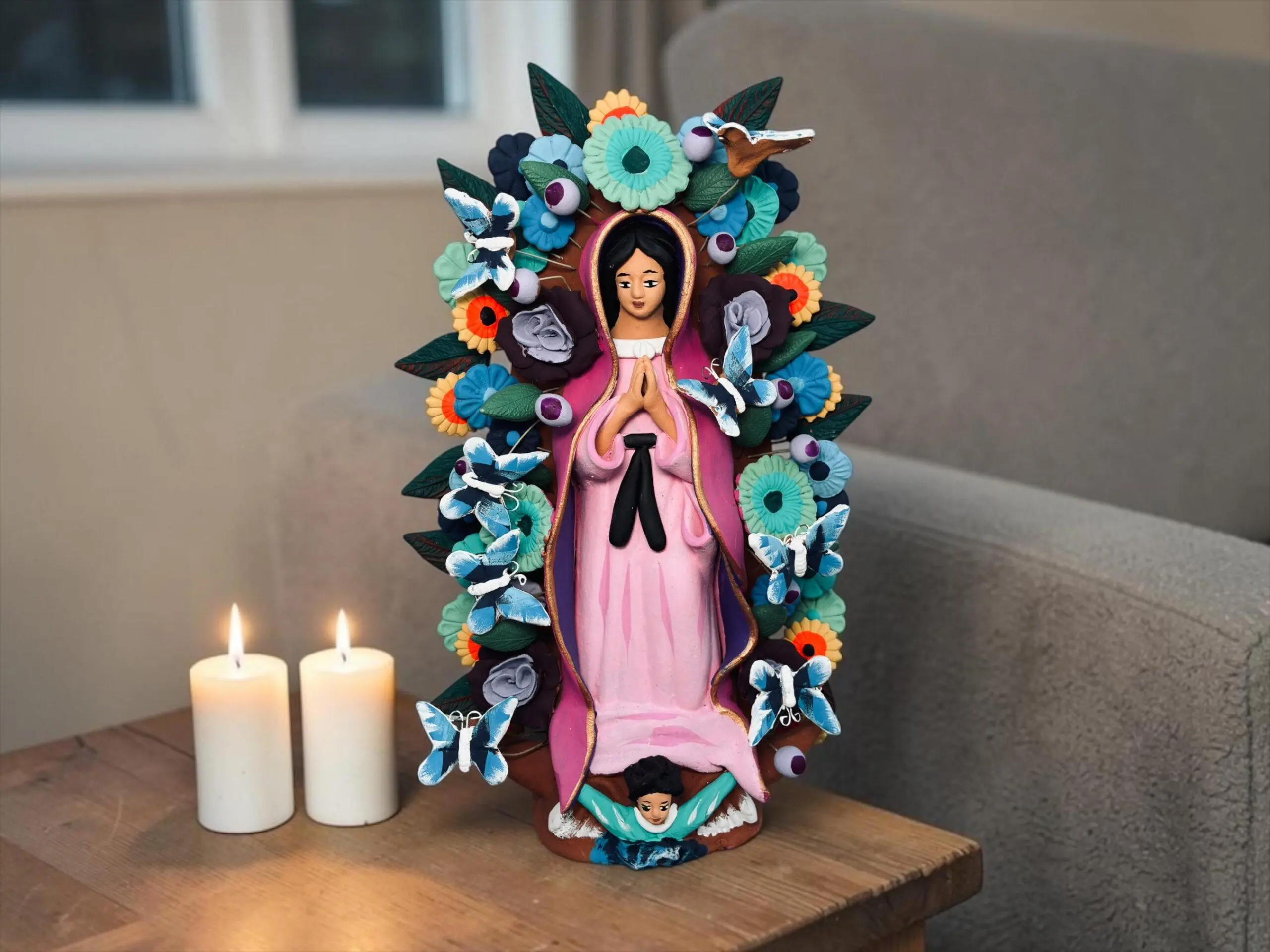 Virgin Mary Handmade Clay Piece, Virgen de Guadalupe  Mexican Decoration, Mary Virgin Sculpture, Metepec Estado de México Virgencita