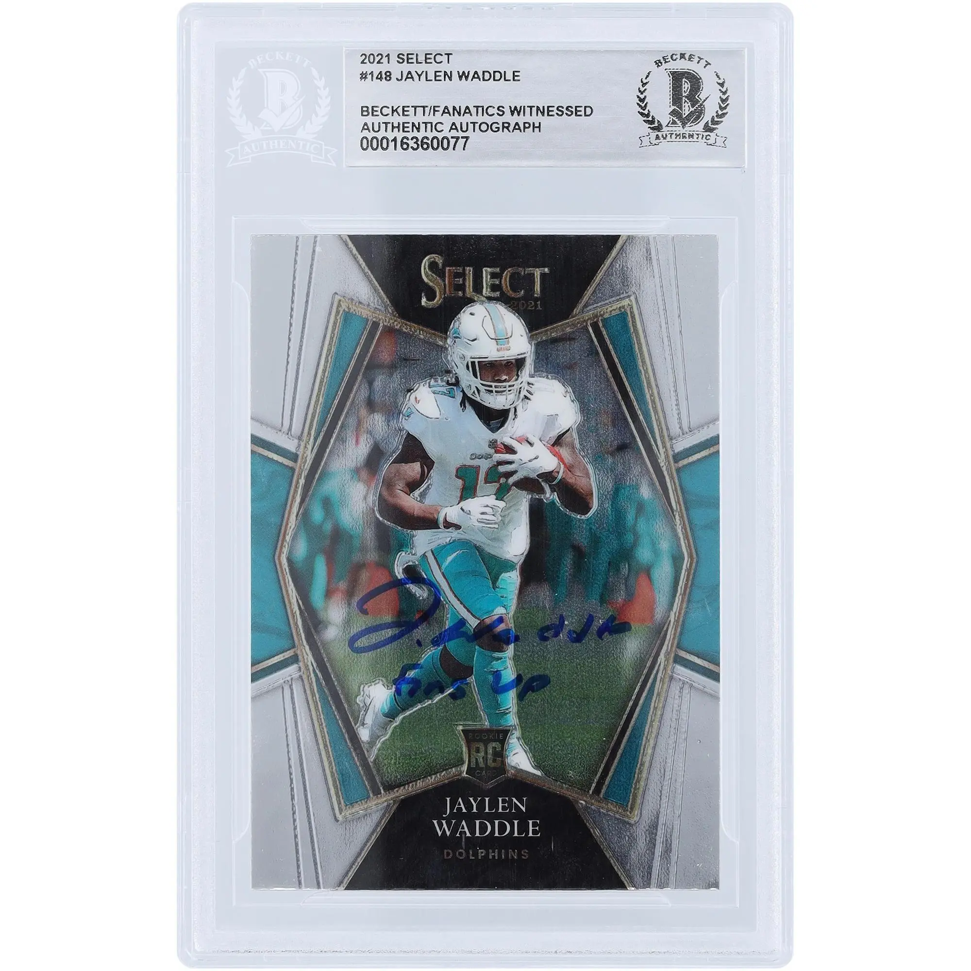Jaylen Waddle Miami Dolphins Autographed 2021 Panini Select Premier Level #148 Beckett Fanatics Witnessed Authenticated Rookie Card with "Fins Up" Inscription - Fanatics Authentic Certified