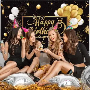 Black Gold Birthday Backdrop Sparkle Balloon Style Polyester Fabric Photography Background Wrinkle Resistant HD Print Party Decor Photo Booth Event Setup