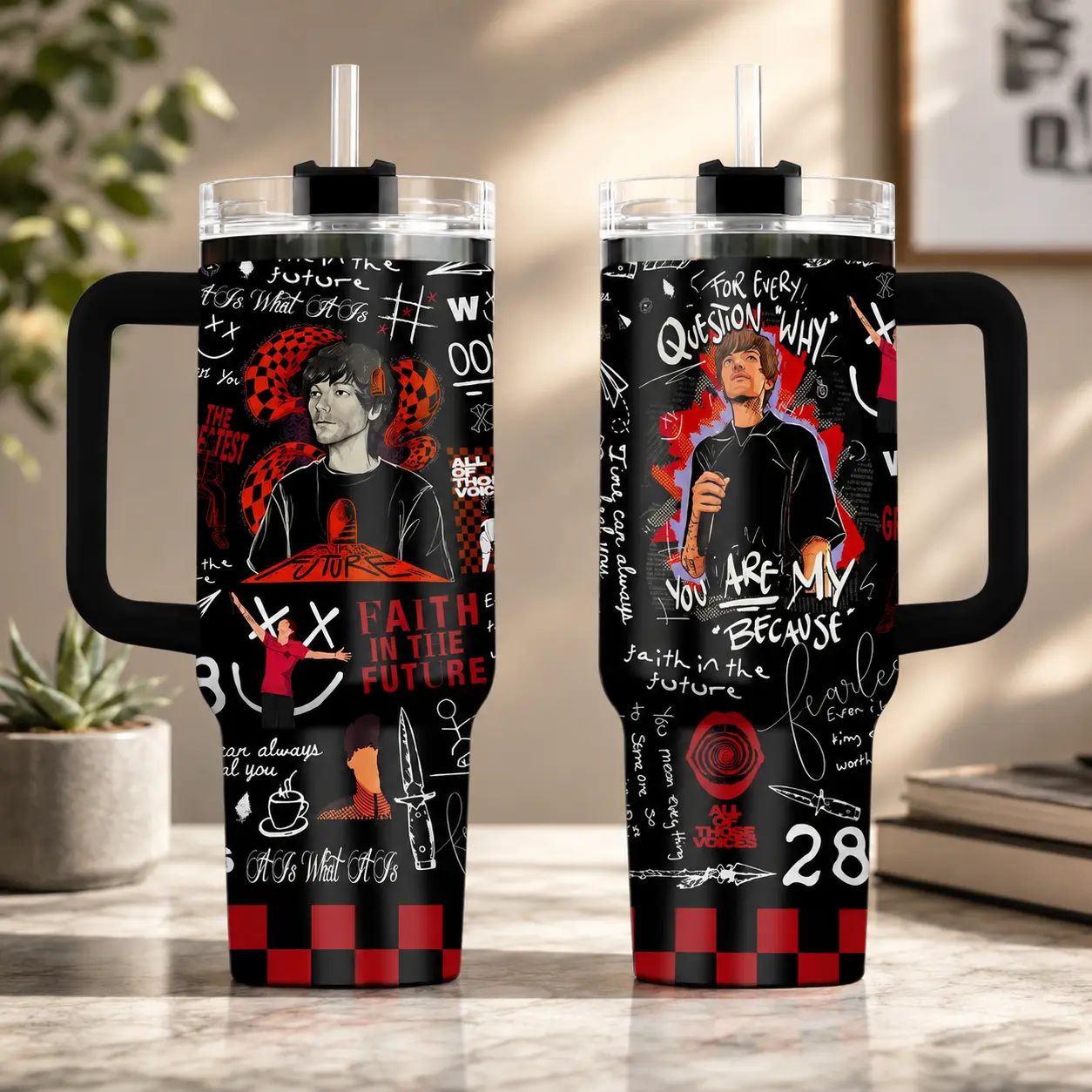One Direction Louis Tomlinson 40oz Tumbler - Black & White Insulated Drinkware with Handle - Perfect Fan Gift