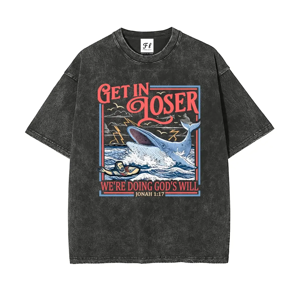 Unisex WE'RE DOING GOD'S WILL JONAH 1:17 Jonah was swallowed by a great fish Graphict Washed T-Shirt Personalized Pattern Y2k Clothing Round Neck Washed T-Shirt,Women's Clothing 100% Cotton, Menswear, Top, Vintage Style,Summer Casual Oversized