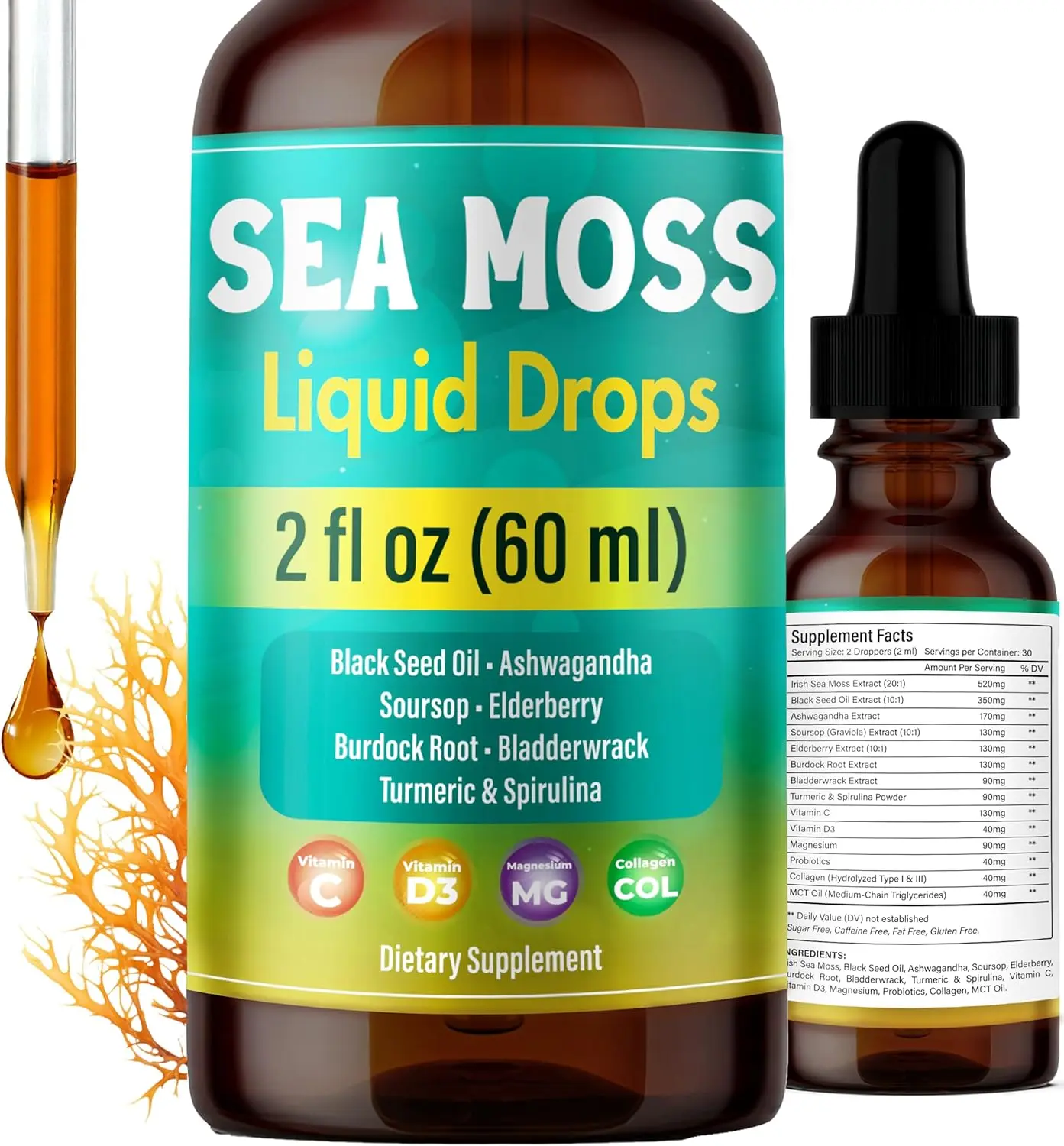 Sea Moss Liquid Drops – Black Seed Oil, Elderberry & Burdock Root – Vegan & Raw Supplement – 2 Fl.oz