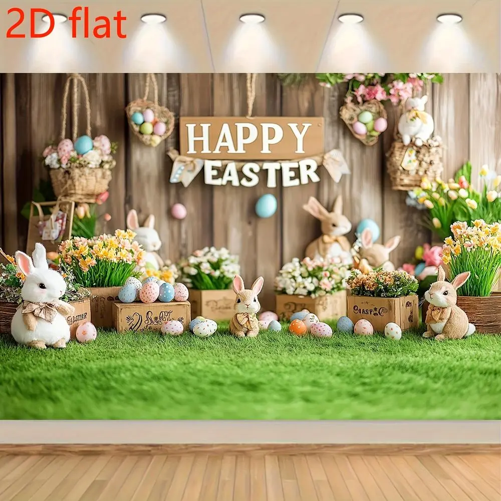 1PC Polyester 2D Flat Easter Banner - Cute Rabbit, Egg, Grass, Flower Scene Photo Backdrop, Festive Home & Children's Party Decorations for Easter Decorations, Happy Birthday Atmosphere