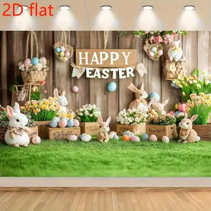 1PC,2D Flat Easter Theme Backdrop, Cute Rabbit & Egg Decor Photography Background Cloth, Children's Party Photo Backdrop, Festival Atmosphere Decoration Background Cloth, Grass & Flower Scene Back