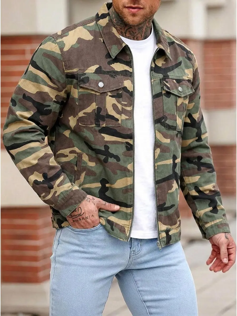 Men's Military Camouflage Cargo Jacket - Classic Basic Long-Sleeve Outerwear with Zipper Closure, Chest Pockets, Menswear for Daily Wear, Outdoor Work
