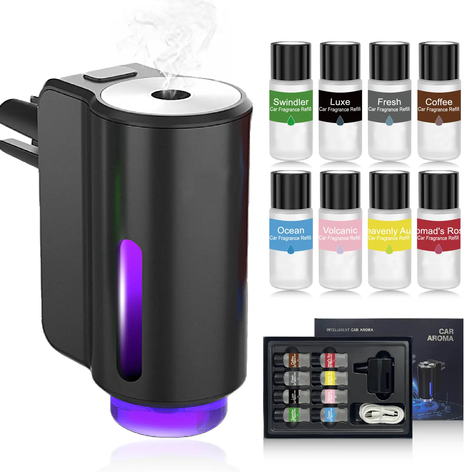 Smart Car Air Freshener with 3/8*10ML Natural French Perfume, Three Adjustable Concentration Scent Levels, Portable Waterless Car Diffuser