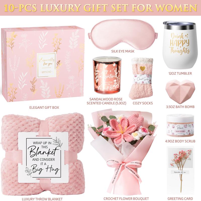 MAYICIVO Valentine’s Day Birthday Gifts for Women – Self Care Spa Gift Basket, Get Well Soon & Thinking of You Care Package with Crochet Flower Bouquet, Unique Gift for Her Wife Girlfriend Mom