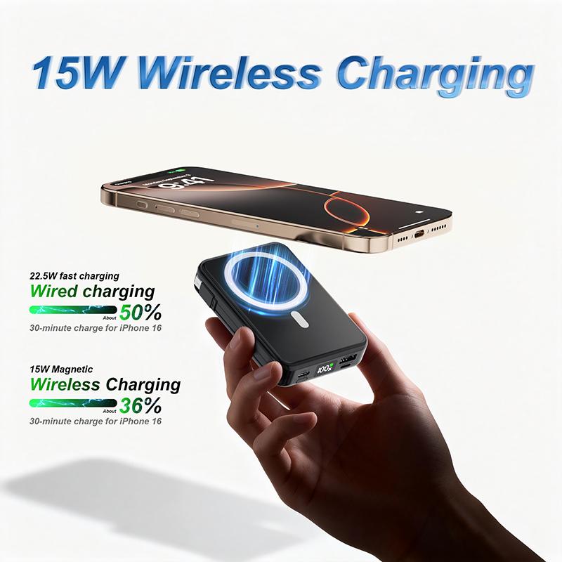3-in-1 Magnetic Charging Power Bank 10000mAh, 22.5W Fast Charging with HD LED Display. Portable charger with stand, compatible with iPhone and Android phones. Magnetic charging is only compatible with iPhone 12/13/14/15/16.
