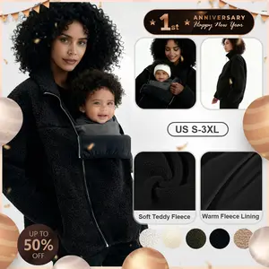 Pwest MAMA Women Before & After Babywearing Fleece Jacket Soft Teddy Fleece, Long-sleeve Zippered Jacket with Pocket, Detachable Babywearing Panel, Winter Warmth, 2 in 1 Design-Black-BlackFriday