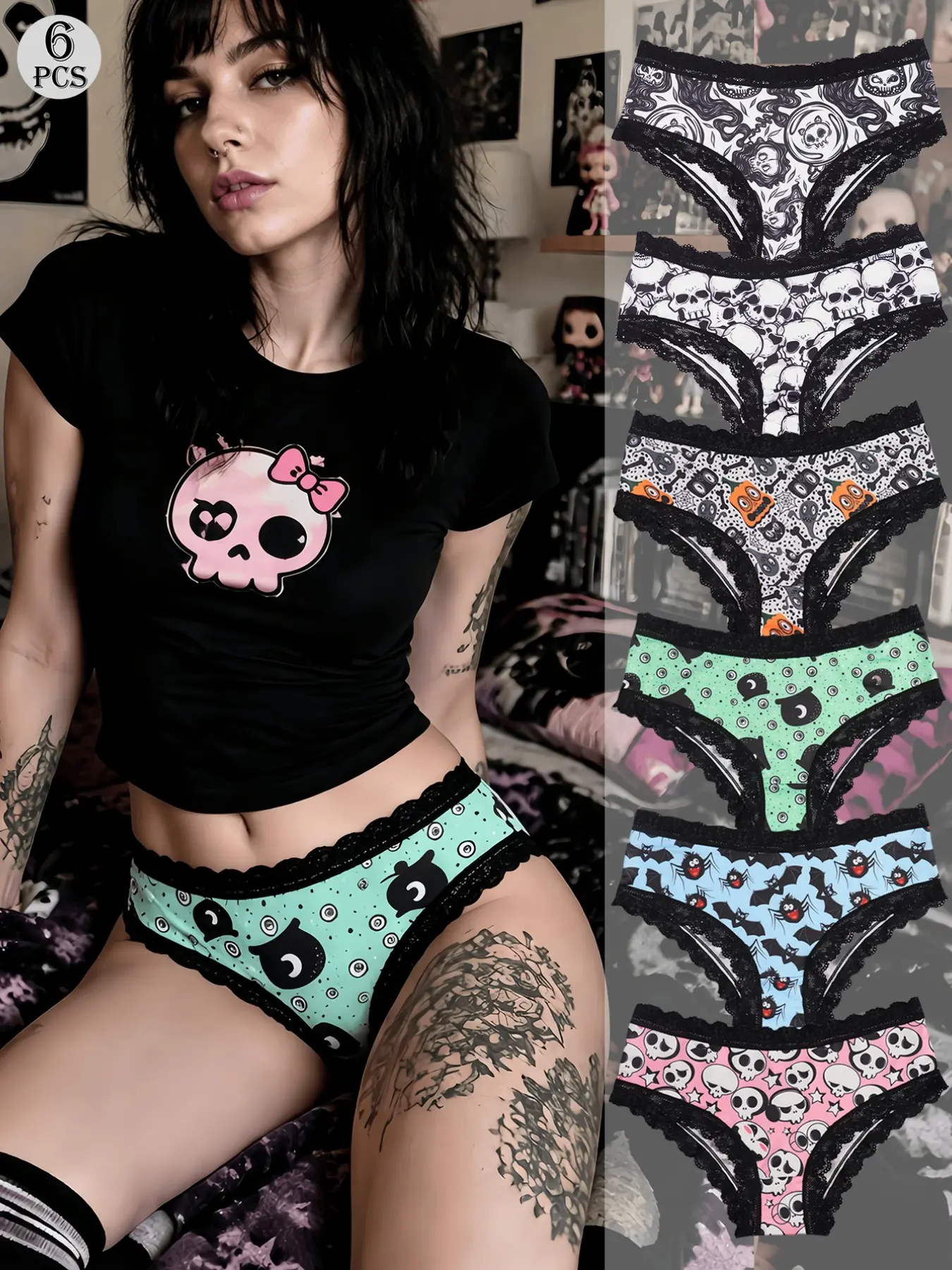 Morvia 6pcs Sexy Gothic Halloween Hipster Panties, Floral Cheeky Panty, Allover Skull & Floral Print, Fitted Women's Underwear Set, All Seasons Lingerie