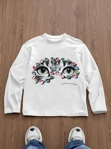 Men's Slim Fit Long Sleeve Graphic T-Shirt, Single-Sided Print, Gemstone Cross Art Text, Style, All Seasons, Casual Streetwear