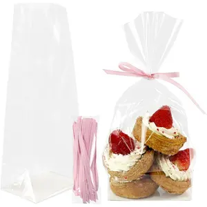 50 count 4x3x10 Inches  Ribbons Gusseted Cellophane Bags Flat Bottom with Paper Insert, Cellophane  Candy Bags, Clear Cookie Gifts Bags for Bakery Valentines Day Party Favors
