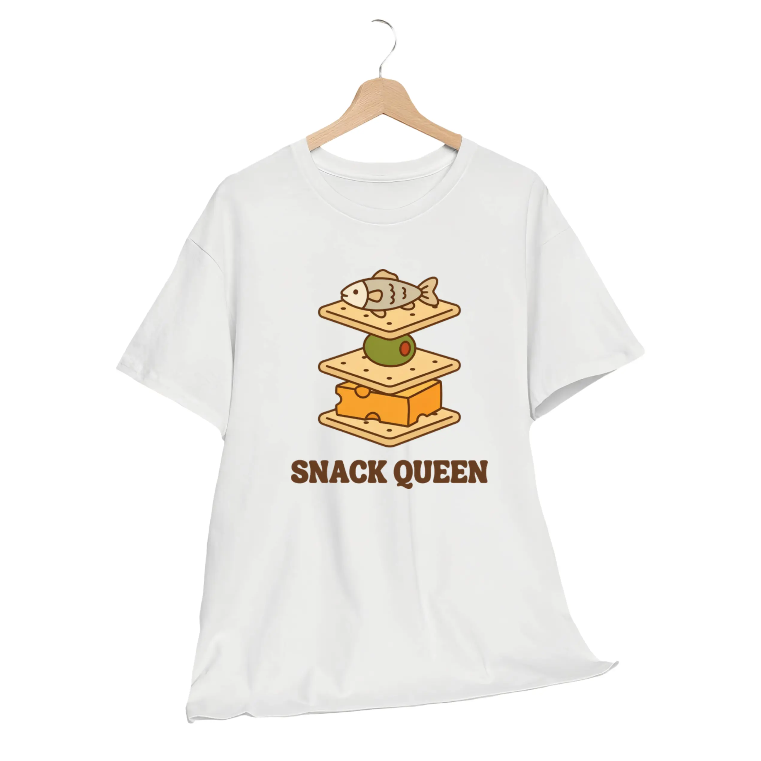 Women's Snack Queen Short-Sleeve Cotton T-Shirt - Funny Foodie Graphic Tee, Cute Cracker Cheese Fish Illustration, Round Neck, Flattering Fit, Lady Gourmet Snack Lover Gift Idea