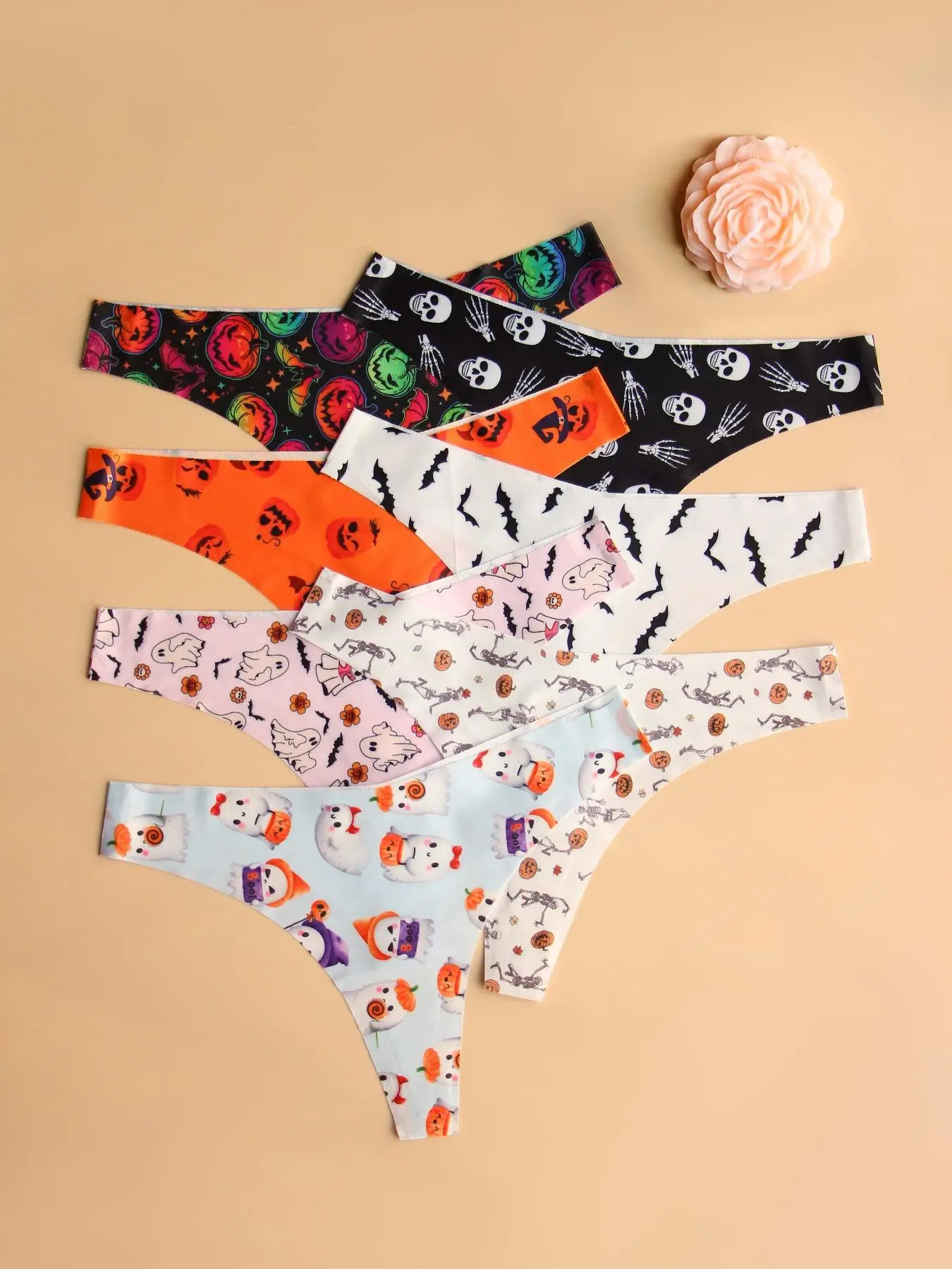 Women's Graphic Print Womenswear Seamless Thong, Soft Comfy Breathable Halloween Drop Waist Panties for Fall Daily Wear, Fall Underwear for Women, Wom