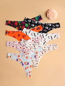 women's graphic print womenswear seamless thong, soft comfy breathable halloween drop waist panties for fall daily wear, fall underwear for women, women's underwear for all seasons, thong set for women, cute
