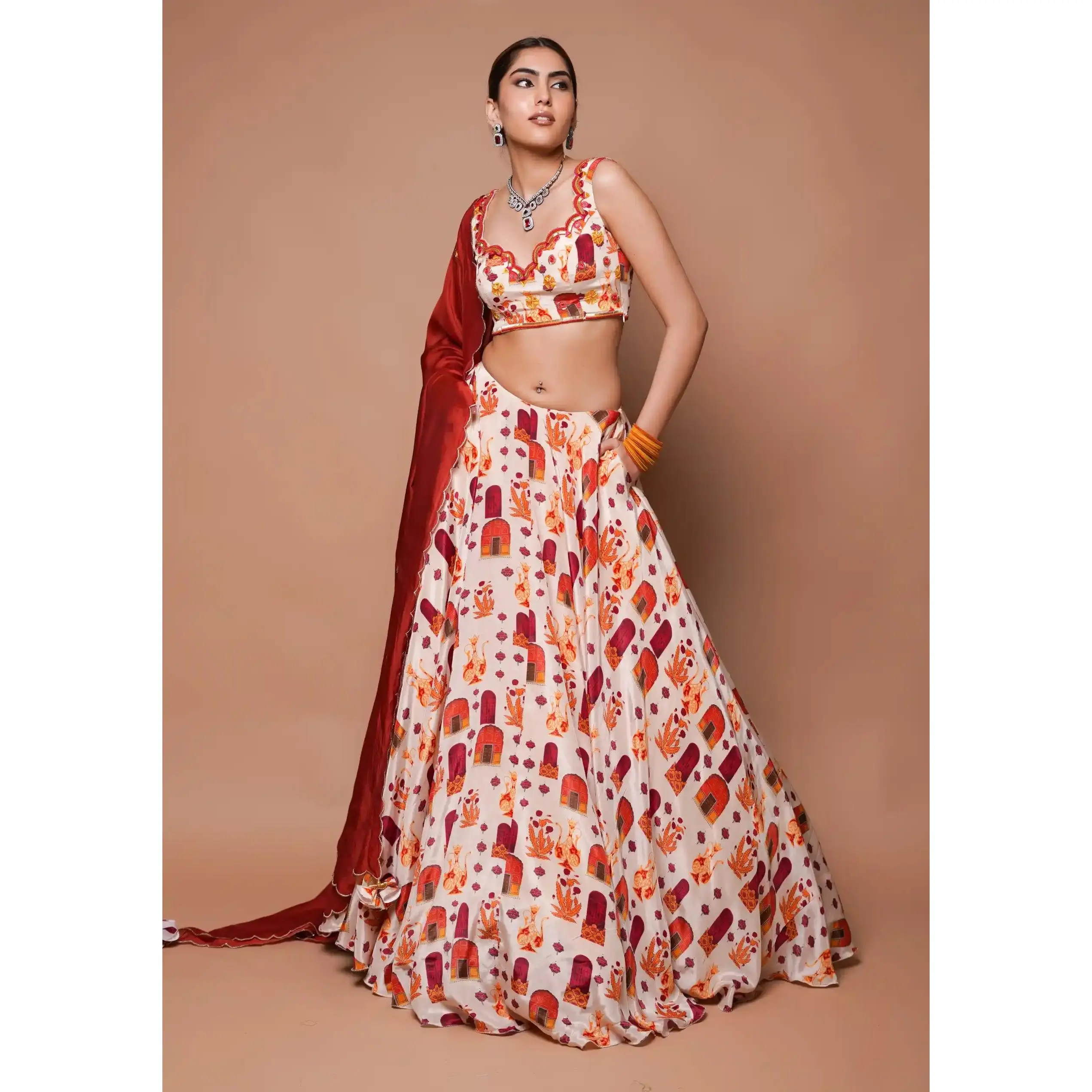 Cream digital print lehenga set