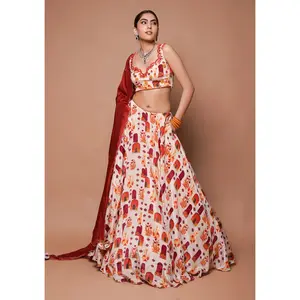 Cream digital print lehenga set
