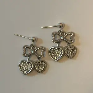 Silver Rhinestone Cherry Earrings with Heart and Bow Design for Women's Fashion