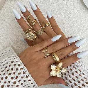 Vacation Style Conch Shell Ring Set Shell Flower Open Ring for Women Ins Style Metal Flower Adjustable Finger Jewelry