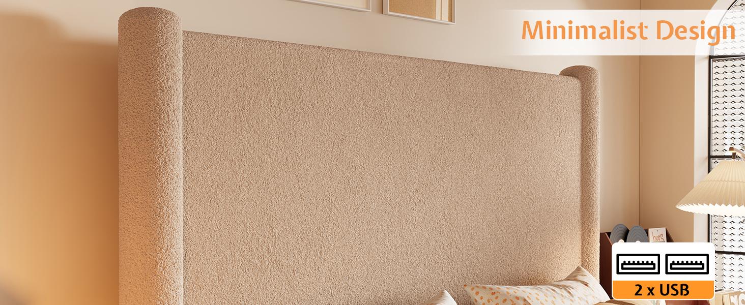 AMERLIFE Modern Bed Frame, Boucle Upholstered Bed Frame with Charging Station, Platform Bed with Soft rounded Corners, Easy Assembly, No Box Spring Required