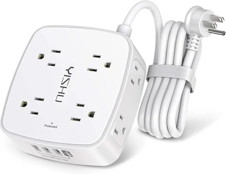 6 Ft Surge Protector Power Strip - 8 Widely Outlets with 4 USB Ports, 3 Side Outlet Extender with 6 Feet Extension Cord, Flat Plug, Wall Mount, Desk USB Charging Station, ETL,White