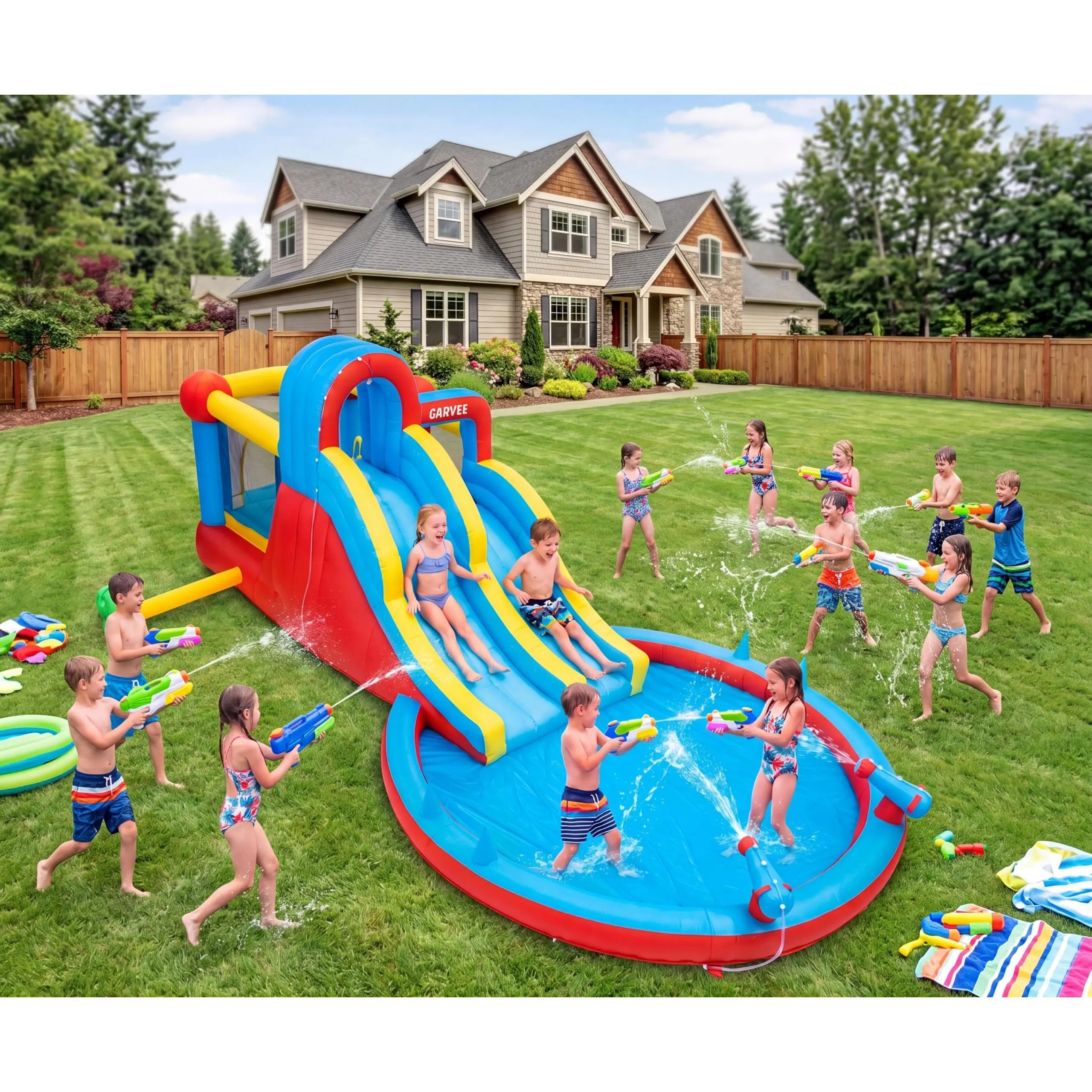 23FT Inflatable Water Slide Park with Bounce House, Dual Slides & 620W Blower for Kids Backyard