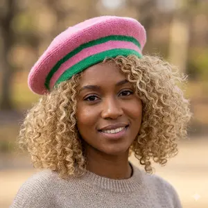 Pink and Green Knitted Striped Beret Hat