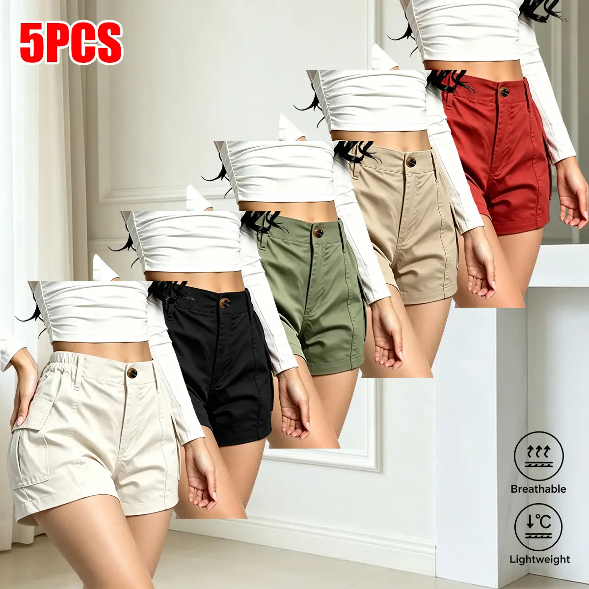 Women's Retro Solid-Color Elegant Office Suit Shorts 5-Pack, Spring/Summer New Arrivals, Bottoms with Practical Pockets, Machine Washable, Suitable for Office, Formal Occasions