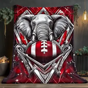 1pc Red Retro Elephant & American Football Portable Blanket - Soft Flannel Bedspread Suitable for Travel, Camping, Sofa, Bed - Charming Elephant Football Print, All-Season Cozy Bedding Accessory, Essential for home and outdoor use.