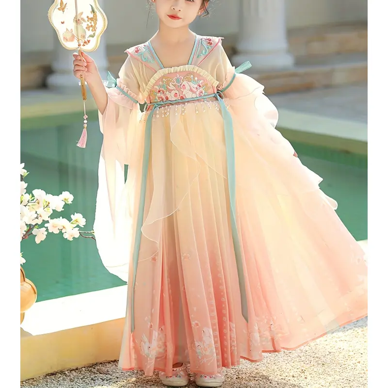 Hanfu traditional Chinese folk clothing, ancient dance dress suitable 3-14 year olds, summer polyester princess dress, Chinese classical culture and art costume, girls' dress