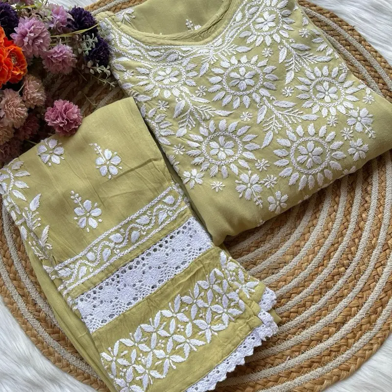 Primum Chikankari size 36 Rayon Kurti with Plazo 3pcs Set Work Premium Rayon Fabric Pink Intricate Handwork Comfortable Women's Wear Clothes Suits