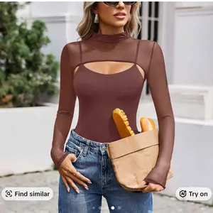 Womens Long Sleeve Bodysuits Mock Turtle Neck Shapewear Bodysuit Sexy Mesh Bodysuit Two Piece Outfit Cami Tops