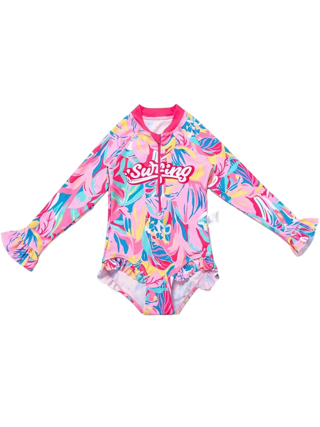 Girls' Cute Pink Floral-Center Quick-Drying Long-Sleeve 1-Piece Swimsuit, Kids' Bodysuit Onesie
