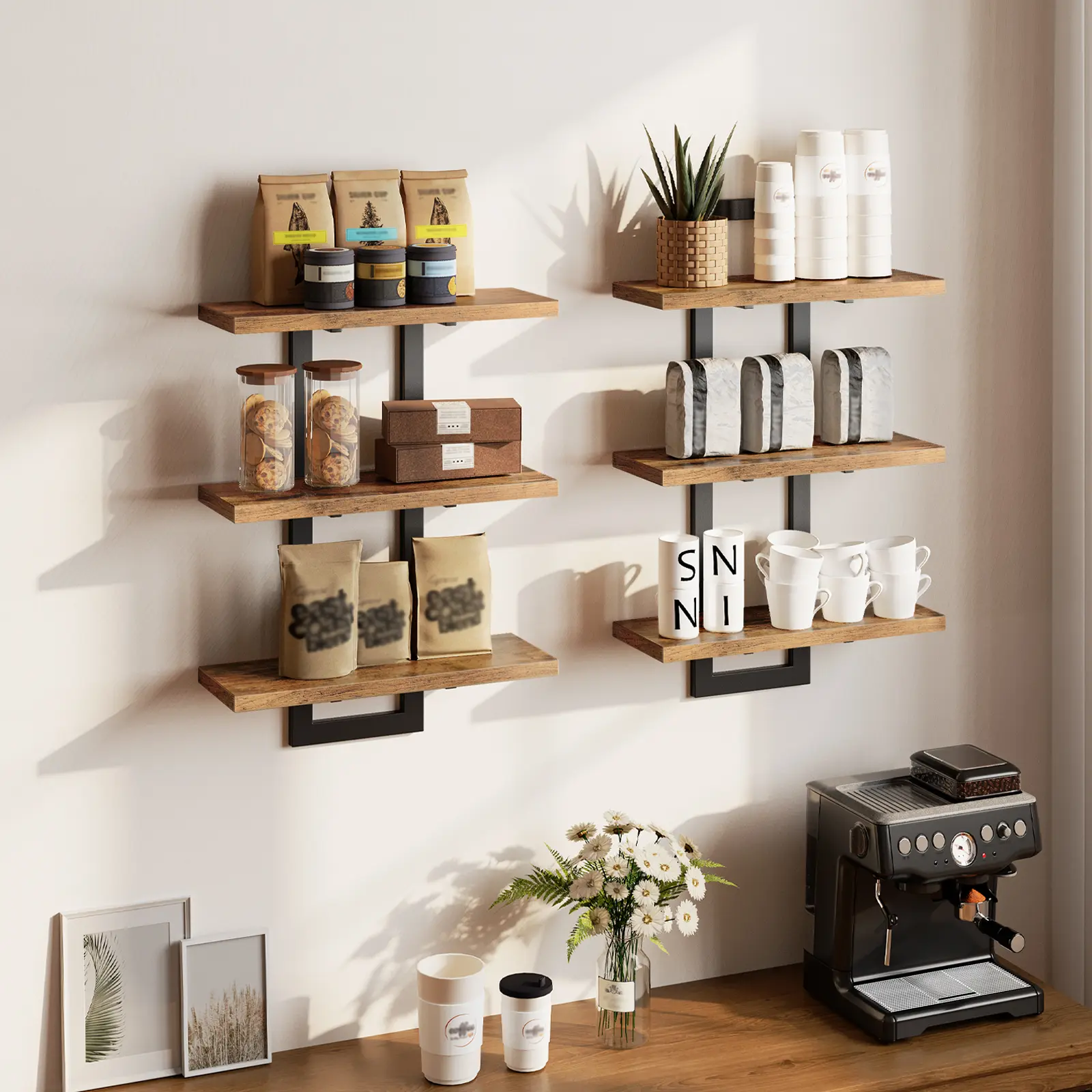 HOOBRO Set of 2 Wall Floating Shelves, 3-Tier Wall Mounted Storage Shelves, Hanging Bathroom Shelves, for Living Room, Bedroom, Bathroom, Kitchen, Rustic Brown and Black #SummerVibes