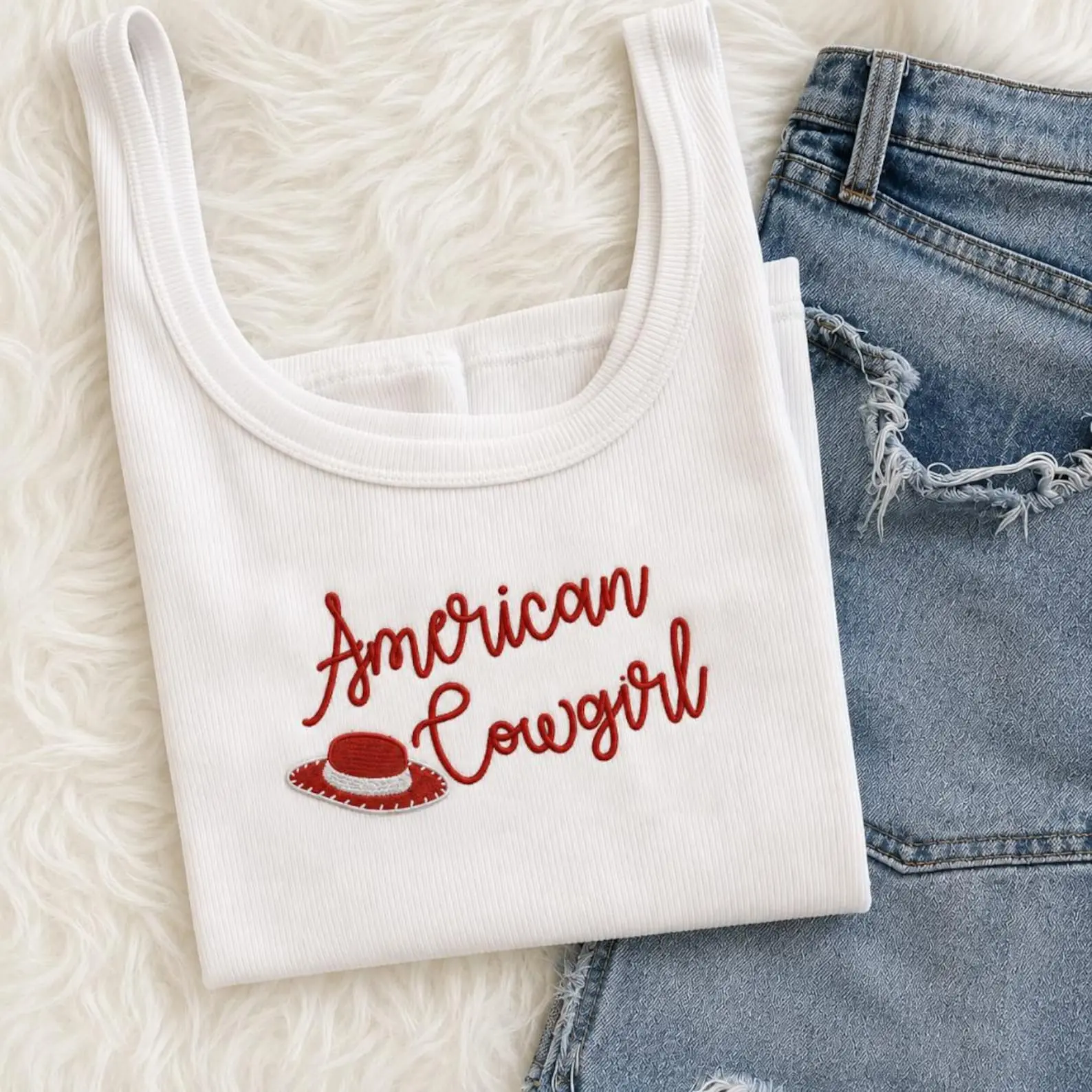 [Made in US] American Cowgirl Embroidered Tank Top, Western Cowgirl Shirt, Patriotic Rodeo Tank, Country Concert Outfit, Gift for Cowgirl, Summer Tank