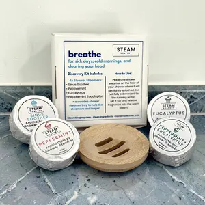 Breathe Shower Steamer Discovery Kit — 4 Cool Clearing Handmade Aromatherapy Steamers + Tray