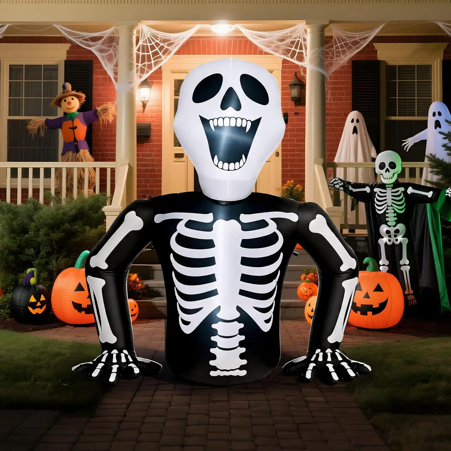 Ubesgoo 6FT Half Body Skeleton Halloween Inflatables Outdoor Decoration | Black and White Blow Up Yard Decoration with 3 LED Lights for Halloween Party, Haunted House, and Festive Outdoor Displays