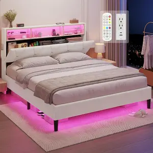 HAUOMS LED Bed Frame with Type-C & USB Charging Station, with Storage Headboard, Modern Velvet Upholstered Platform Bed with Shelf Headboard, Noise-Free, Creamy