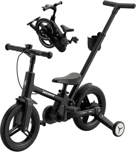 lecoco Upgraded Toddler Bike with Push Handle 6 in 1 for Kids, Balance Bicycle Toys with Training Wheels, Brackes, Cup Holder, Pedal, Kickstand Birthday Gift for Boys and Girls