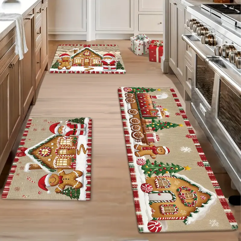 [Gingerbread House Kitchen Rugs] 2/3pcs merry christmas winter decoration gingerbread house santa tree kitchen rugs non-slip brown memory sponge kitchen mats easy to clean kitchen carpet for xmas holiday kitchen bathroom entrance home ornam