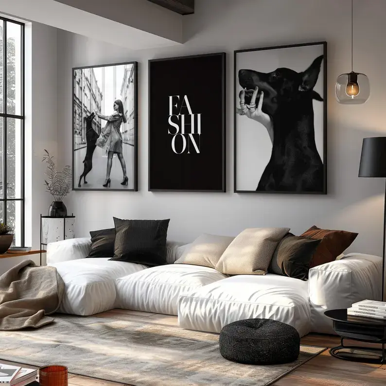 Black & White Luxury Fashion Poster Set of 3 Luxury Fashion Prints, Designer Wall Art, Doberman Poster, Hypebeast Decor DBMP1