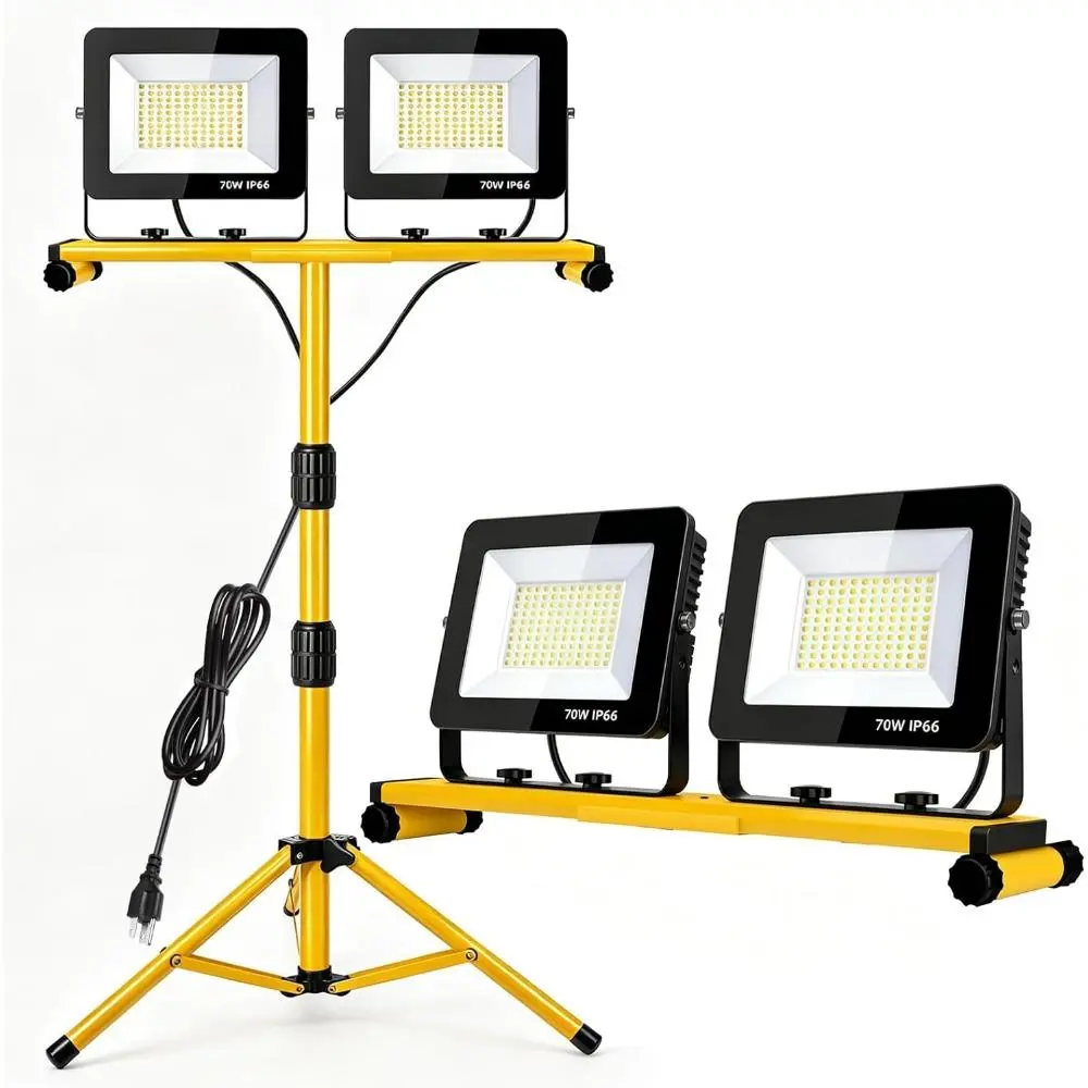 Work Lights with Stand, 21000 Lumen, 2-Head Adjustable Work Light, Waterproof Foldable Tripod, 6,500 Kelvin, Extended Cord for Outdoor & Indoor Job Sites, Workshops, Construction, Garage Lighting