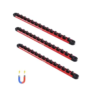 VEVOR Socket Organizer Rail Set, 3PCS Metric & SAE Aluminum Socket Organizers, 1/4'', 3/8'' & 1/2'' Heavy-Duty Socket Holder with 360 °   Rotating Clips for Tool Box, Hold up to 40 Sockets, Red & Black